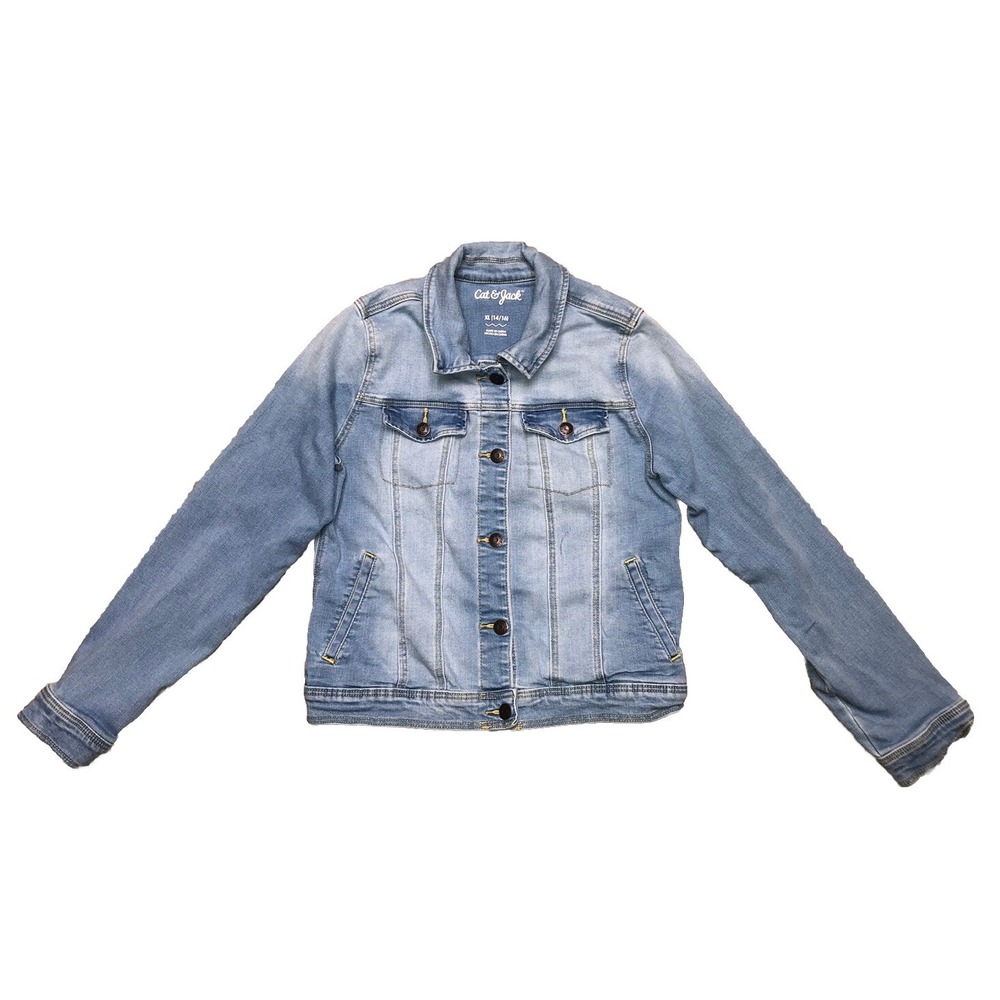 Cat And Jack Denim Jacket Girls XL  (14-16) Blue Jean Snap Button‎ Stretch *spot